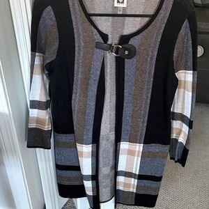 Anne Klein Black and Gray Plaid Cardigan with Buckle